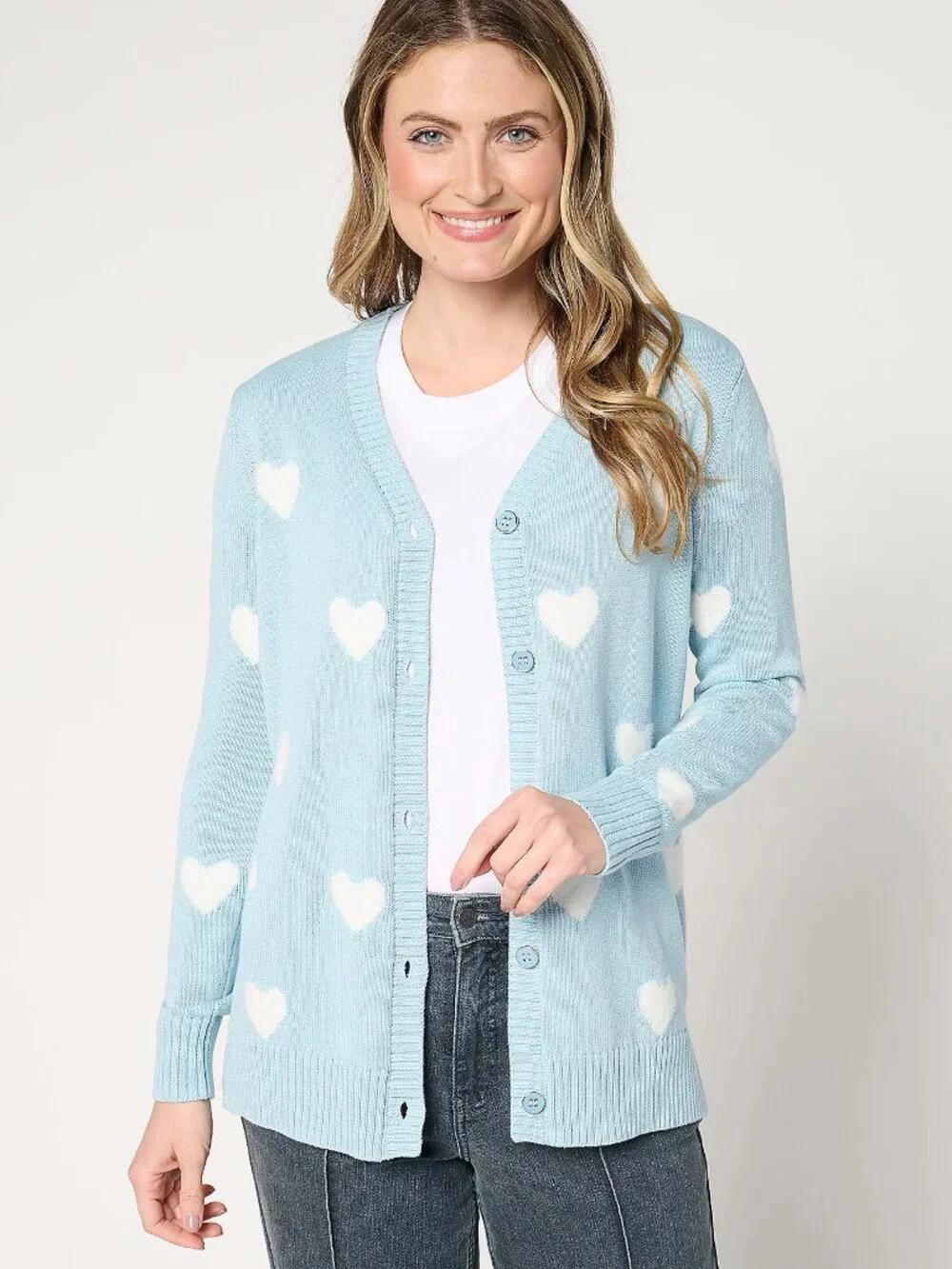 Belle by Kim Gravel Falling in Love Fuzzy Heart Cardigan, Blue Sz S a699095